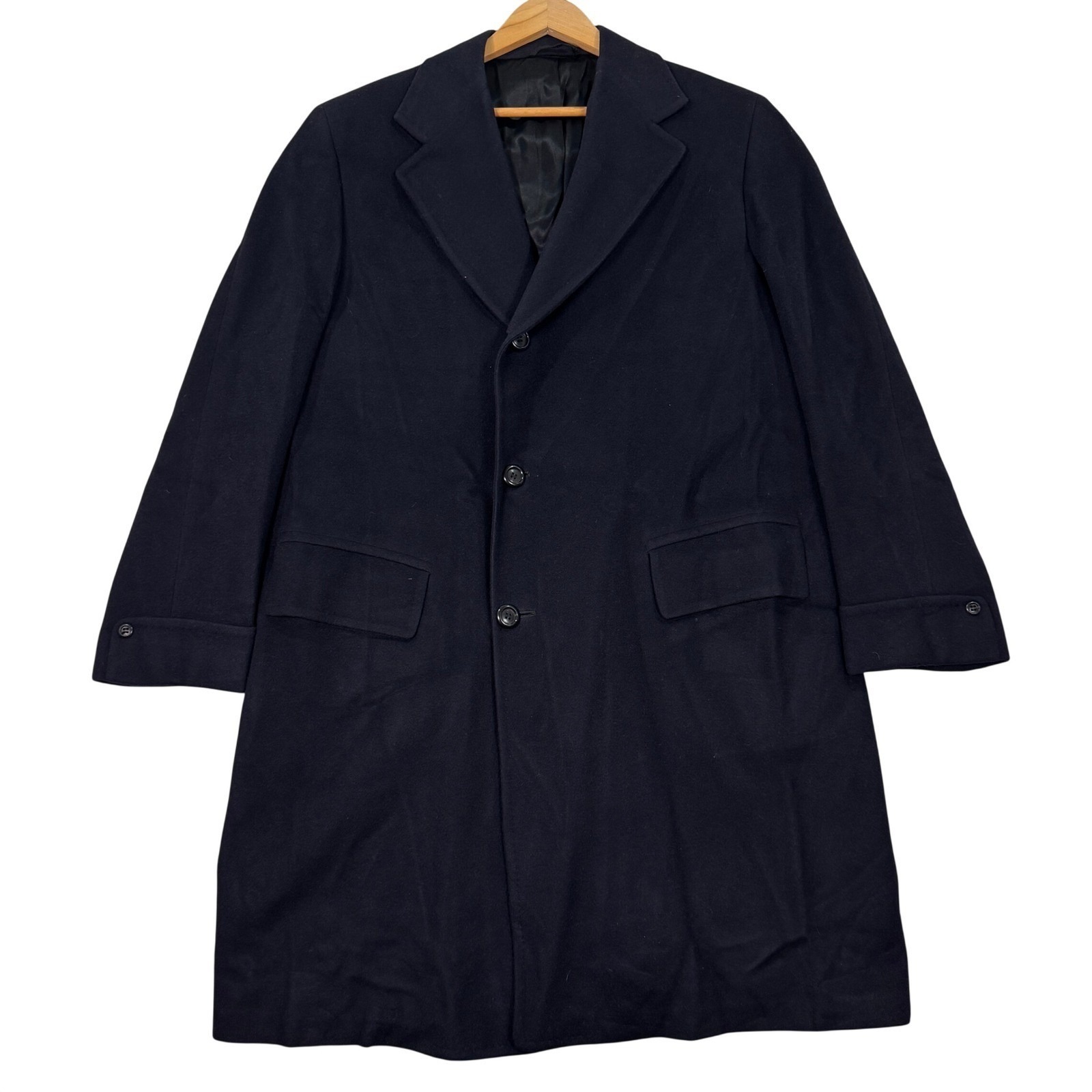 Vintage Mens 44r 100% Pure Cashmere Overcoat Black Wool Winter Jacket Coat